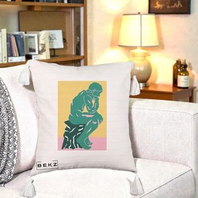 Perna Decorativa Ganditorul Sculptura Pop Art, 40x40 cm, Bej cu Franjuri, Husa Detasabila, Perna Inclusa, BEKZ®