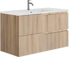 Set dulap baza suspendat Gala Canaletto 2 sertare 100 cm finisaj lemn bej si lavoar Luc alb