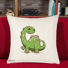 Perna Decorativa Brontosaur Verde Simpatic, 40x40 cm, Crem Reliefat, Husa Detasabila, Perna Inclusa, BEKZ®