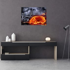 Tablou pe sticlă cu mașina în flăcărată (70x50 cm)