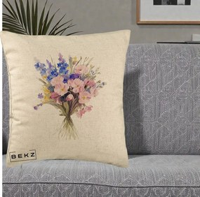 Perna Decorativa Buchet Floral Acuarela Primavara, 40x40 cm, Bej, Husa Detasabila, Perna Inclusa, BEKZ®