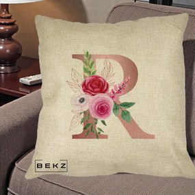 Cadou Personalizat - Perna Personalizata Monograma Rose Gold Litera R, 40x40 cm, Crem, Husa Detasabila, Perna Inclusa, BEKZ®