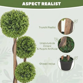 HOMCOM Set 2 Plante Artificiale de Buxus cu 3 Sfere, cu Ghiveci și Fund Întărit, Înălțime 90 cm, pentru Interior și Exterior | Aosom Romania
