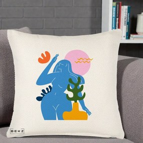 Perna Decorativa Femeie Albastra Cactus, 40x40 cm, Crem Reliefat, Husa Detasabila, Perna Inclusa, BEKZ®