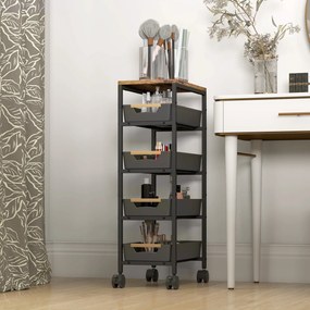 HOMCOM Carucior de Bucătărie de 5 Nivele Carucior Auxiliar cu Roți Tablou Efect Lemn Sertare Extrase 39,5x24x82 cm Negru | Aosom Romania