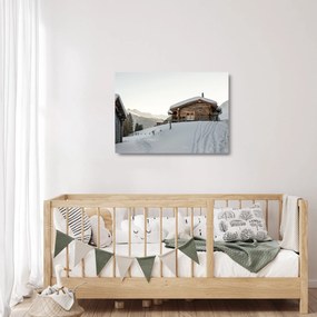 Tablou pe sticlă - cabana montană în zăpadă (70x50 cm)