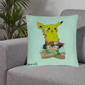 Perna Personalizata Ash si Pikachu, 40x40 cm, Verde Menta, Husa Detasabila, Perna Inclusa, BEKZ®