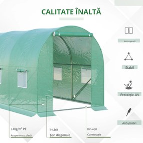 Outsunny Seră de Grădină Tunel 8 m² 4L x 2l x 1,9H m Oțel galvanizat renforțat diametru 2,4 cm + Polietilenă cu densitate ridicată ferestre ușă Verde | Aosom Romania
