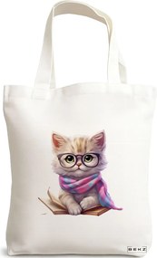 Sacosa de Panza pentru Cumparaturi, Geanta Tote, model Reading puppy 27 38 x 34.5 cm, Alba, BEKZ®