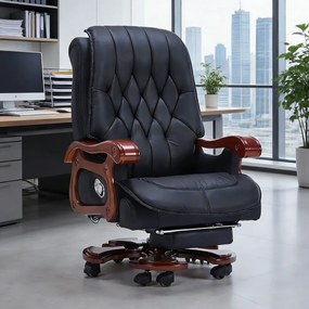 Regal Relax – Scaun directorial din Piele Naturală si Lemn Masiv, Masaj in 7 puncte, Funcție Încălzire, Înclinare 160°, Suport Picioare Extensibil, Sezut cu Arcuri, Telecomandă, Negru