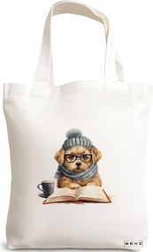Sacosa de Panza pentru Cumparaturi, Geanta Tote, model Reading puppy 10 38 x 34.5 cm, Alba, BEKZ®