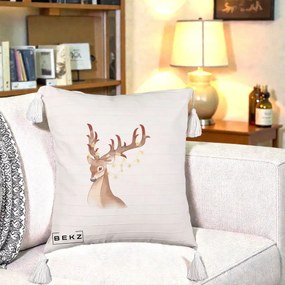 Perna Decorativa Ren cu Luminite de Craciun, 40x40 cm, Bej cu Franjuri, Husa Detasabila, Perna Inclusa, BEKZ®
