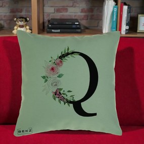 Cadou Personalizat - Perna Personalizata Monograma Florala Litera Q, 40x40 cm, Verde, Husa Detasabila, Perna Inclusa, BEKZ®