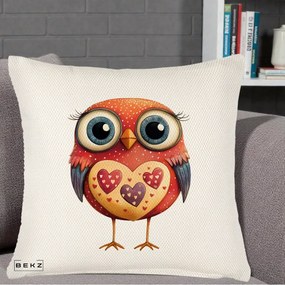 Perna Decorativa Bufnita Rosie cu Inimi Aurii, 40x40 cm, Crem Reliefat, Husa Detasabila, Perna Inclusa, BEKZ®