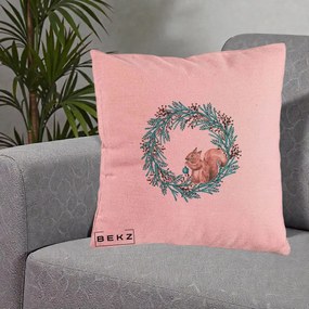 Perna Decorativa Coroana Turcoaz cu Veverita, 40x40 cm, Roz, Husa Detasabila, Perna Inclusa, BEKZ®