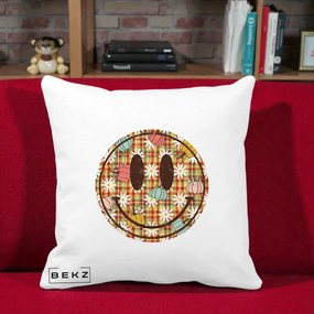 Perna Decorativa Smiley Face de Toamna cu Tartan si Dovlecei, 40x40 cm, Alba Mata, Husa Detasabila, Perna Inclusa, BEKZ®