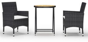3058382 vidaXL Set bistro de grădină, 3 piese, negru, poliratan și lemn acacia