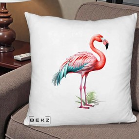 Perna Decorativa Flamingo Roz cu Pene Teal, 40x40 cm, Alb Pufos, Husa Detasabila, Perna Inclusa, BEKZ®