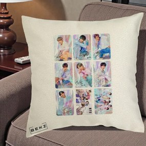 Perna Personalizata K-pop BTS Colaj 9 Fotografii Autografe Individual, 40x40 cm, Ecru, Husa Detasabila, Perna Inclusa, BEKZ®