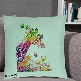 Perna Decorativa Girafa Curcubeu Acuarela, 40x40 cm, Verde Menta, Husa Detasabila, Perna Inclusa, BEKZ®