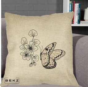 Perna Decorativa Fluture si Flori Linie Monocroma, 40x40 cm, Crem, Husa Detasabila, Perna Inclusa, BEKZ®