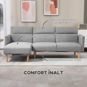HOMCOM Canapea Extensibila cu 3 Locuri, Canapea pe Colt din Tesatura Gri cu Spatar Reglabil, Stil Scandinav, 207x146x80cm | Aosom Romania
