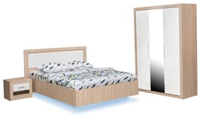 Set dormitor OSLO, 4 piese, pat 160x200 cm cu banda led, dulap 3 usi, 2 noptiere, kiruna +   alb lucios