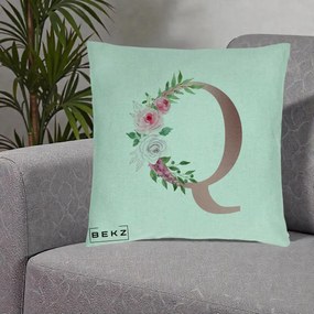 Cadou Personalizat - Perna Personalizata Monograma Rose Gold Litera Q, 40x40 cm, Verde Menta, Husa Detasabila, Perna Inclusa, BEKZ®