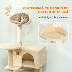 PawHut Ansamblu pentru Pisici, 140 Cm, cu 2 Căsuțe, Hamac, Culcuș și Stâlpi din Sisal, Bej | Aosom Romania