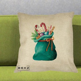 Perna Decorativa Saculet Cadouri Mos Craciun Acuarela Verde, 40x40 cm, Crem, Husa Detasabila, Perna Inclusa, BEKZ®