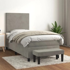 3137701 vidaXL Pat box spring cu saltea, gri deschis, 90x200 cm, catifea