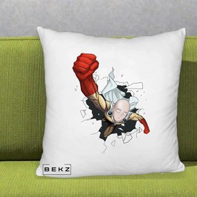Perna Personalizata One Punch Man Saitama Pumn, 40x40 cm, Alb Pufos, Husa Detasabila, Perna Inclusa, BEKZ®