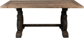 Masă dining shabby chic dreptunghiulară din lemn, natur, 8 locuri, cu bază în volute, finisaj negru antichizat, 78 x 180 x 90 cm, „Château”