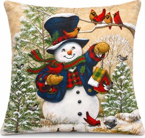 Pernă decorativă de Crăciun, om de zăpadă cu păsărele, stil vintage, 40x40 cm, PPC15