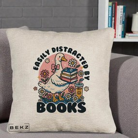 Perna Personalizata Easily Distracted by Books, 40x40 cm, Bej Canapea, Husa Detasabila, Perna Inclusa, BEKZ®