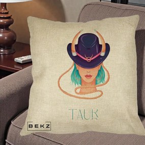Perna Personalizata Zodie Taur, 40x40 cm, Crem, Husa Detasabila, Perna Inclusa, BEKZ®