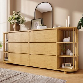 Comodă Sideboard, 6 sertare &amp; rafturi deschise, design în stil roman cu coloane &amp; rafturi din bambus, 160x40x75 cm, Culoare naturală