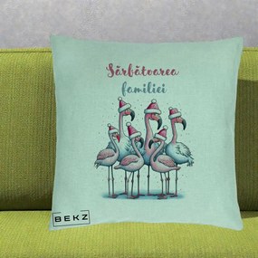 Perna Decorativa Flamingo Craciun Sarbatoarea Familiei, 40x40 cm, Verde Menta, Husa Detasabila, Perna Inclusa, BEKZ®