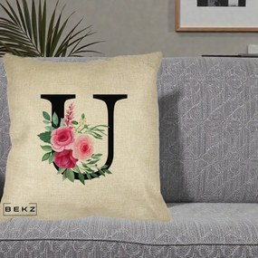 Cadou Personalizat - Perna Personalizata Monograma Florala Litera U, 40x40 cm, Crem, Husa Detasabila, Perna Inclusa, BEKZ®