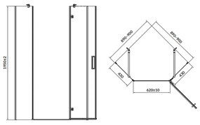 Cabina de dus pentagonala 90x90 cm Cersanit Jota, crom cu usa batanta dreapta 900x900 mm, Dreapta, Crom lucios