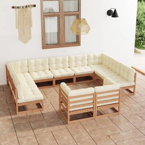 Set mobilier gradina cu perne, 11 piese, maro, lemn masiv pin