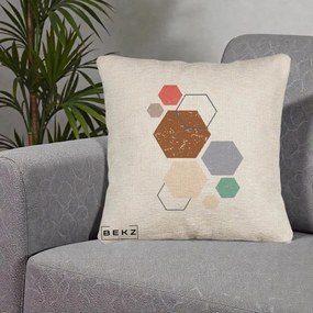 Perna Decorativa Geometric Hexagoane Multicolor, 40x40 cm, Bej Canapea, Husa Detasabila, Perna Inclusa, BEKZ®