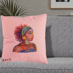 Perna Decorativa Portret Femeie Urbana Acuarela, 40x40 cm, Roz, Husa Detasabila, Perna Inclusa, BEKZ®