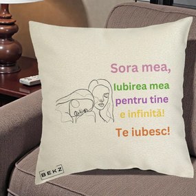 Cadou pentru Sora - Perna Personalizata Sora Mea Te Iubesc Line Art Fete Colorate Brate Ridicate, 40x40 cm, Ecru, Husa Detasabila, Perna Inclusa, BEKZ®