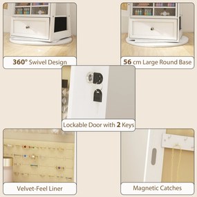 HOMCOM Oglindă-dulap pentru bijuterii cu LED-uri Dulap pentru bijuterii cu oglindă integrală Rotativ 360° Sertar Încuietoare Alb | Aosom Romania