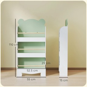 AIYAPLAY Bibliotecă Copii 3 Rafturi în Formă de Ursuleț 55x15x110 cm, Verde | Aosom Romania