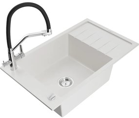 Mexen Elias chiuvetă de granit cu un compartiment, cu picurător și baterie de bucătărie Duo, Albă - 6511-20-671701-07