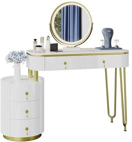 SEA422 - Set Masa toaleta, 100 cm, cosmetica machiaj, oglinda cu LED, masuta vanity - Alb-Auriu