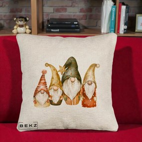 Perna Decorativa Gnomi de Craciun Patru, 40x40 cm, Bej Canapea, Husa Detasabila, Perna Inclusa, BEKZ®