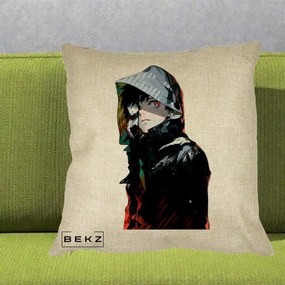 Perna Personalizata Tokyo Ghoul Ken Kaneki cu Masca si Gluga, 40x40 cm, Crem, Husa Detasabila, Perna Inclusa, BEKZ®